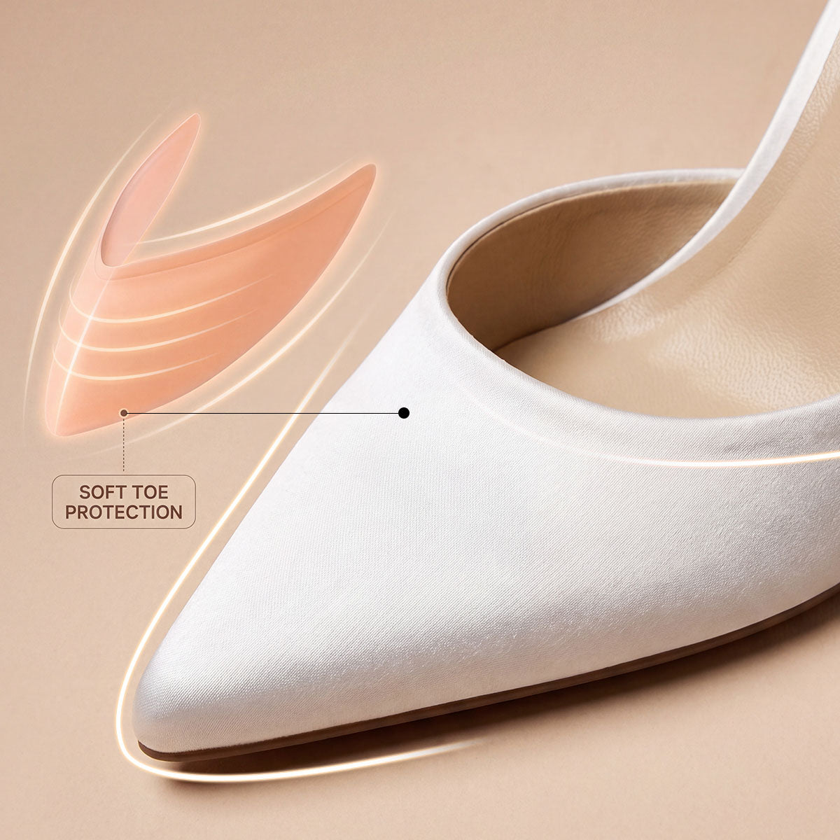 Close-up of a white satin pump with an illustration highlighting the soft toe lining